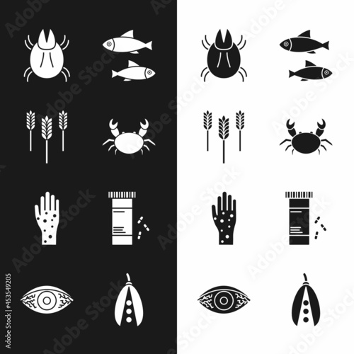 Set Crab, Wheat, Parasite mite, Fish, Hand with psoriasis or eczema, Medicine bottle pills, Kidney beans and Reddish eye allergic conjunctivitis icon. Vector