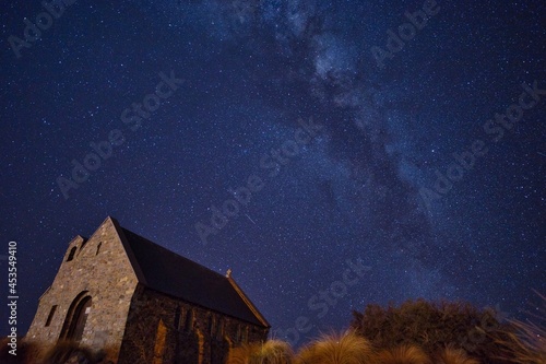 The starry night landscape view with the milky way at Tekapo lake, New Zealand