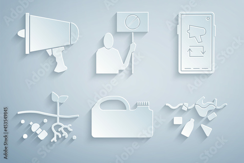 Set Canister for machine oil, Megaphone on mobile, Problem of pollution planet, Nature saving protest and Spread the word, megaphone icon. Vector