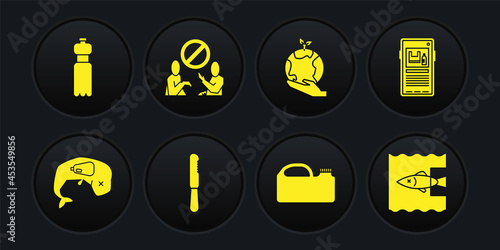 Set Environment protection whale dead, Stop plastic pollution, Disposable knife, Canister for machine oil, Hand holding Earth globe, ocean and Bottle of water icon. Vector