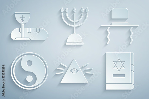 Set Masons, Orthodox jewish hat with sidelocks, Yin Yang, Jewish torah book, Hanukkah menorah and First communion symbols icon. Vector