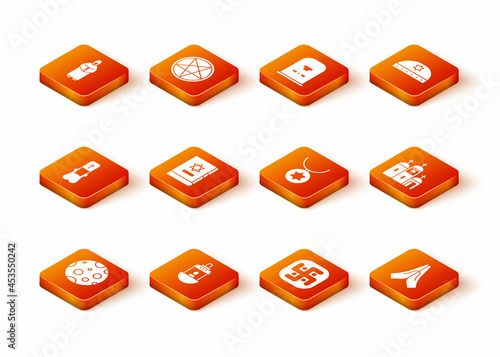 Set Moon, Ramadan Kareem lantern, Priest, Jewish torah book, Jainism, Star of David necklace chain, Hands praying position and Church building icon. Vector