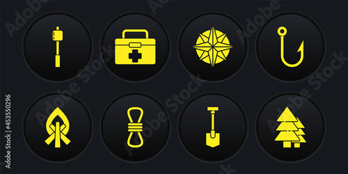 Set Campfire, Fishing hook, Climber rope, Shovel, Wind rose, First aid kit, Tree and Marshmallow on stick icon. Vector