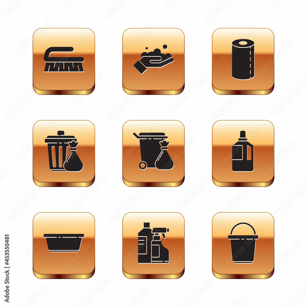 Set Brush for cleaning, Plastic basin, Bottles agent, Trash can and garbage bag, Paper towel roll, Bucket and Washing hands with soap icon. Vector Set Brush for cleaning, Plastic basin, Bottles agent, Trash can and garbage bag, Paper towel roll, Bucket and Washing hands with soap icon. Vector
