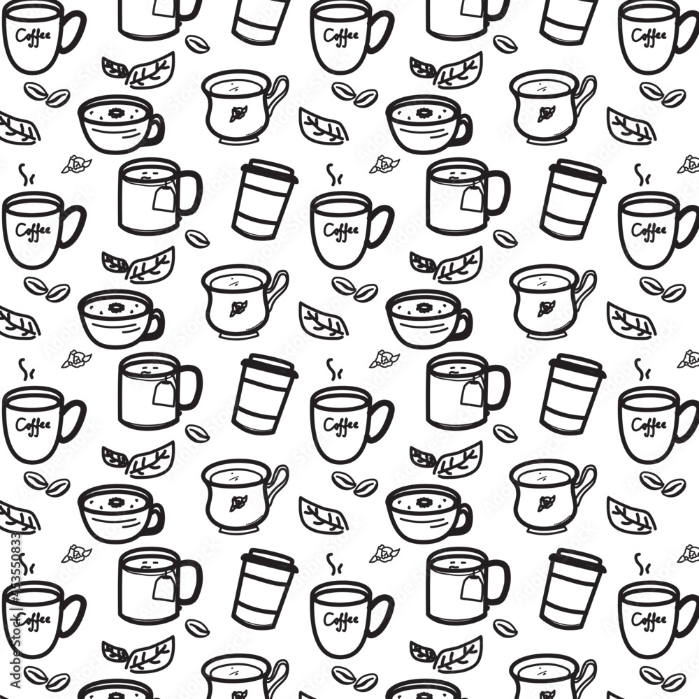 hot drink background in doodle style. tea drink, coffee, in black doodle style on white background