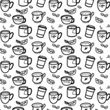 hot drink background in doodle style. tea drink, coffee, in black doodle style on white background