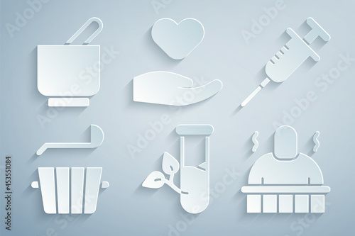 Set Laboratory glass and leaves, Syringe, Sauna bucket ladle, spa procedures, Heart hand and Mortar pestle icon. Vector