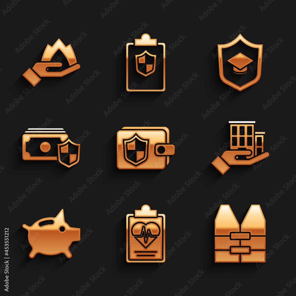 Set Wallet with shield, Health insurance, Life jacket, House, Piggy bank, Money, Graduation cap and Hand holding fire icon. Vector Set Wallet with shield, Health insurance, Life jacket, House, Piggy bank, Money, Graduation cap and Hand holding fire icon. Vector