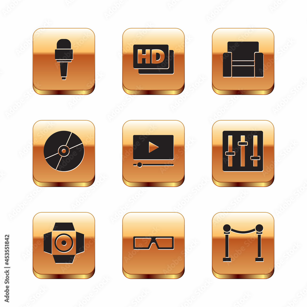 Set Microphone, Movie spotlight, 3D cinema glasses, Online play video, CD or DVD disk, Cinema chair, Rope barrier and Hd movie, tape, frame icon. Vector Set Microphone, Movie spotlight, 3D cinema glasses, Online play video, CD or DVD disk, Cinema chair, Rope barrier and Hd movie, tape, frame icon. Vector
