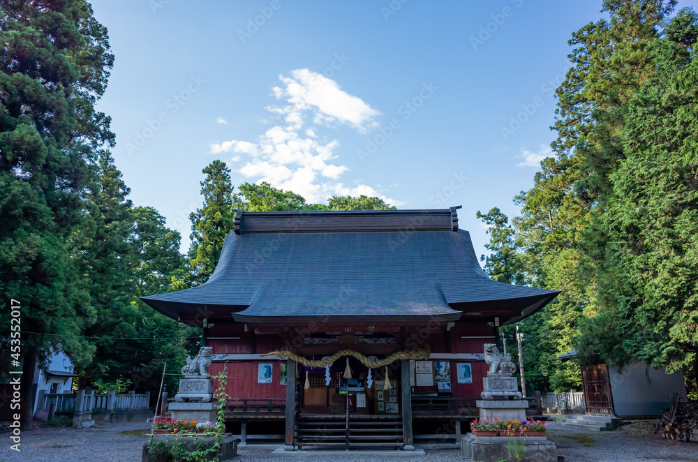 main shrine of sarashina shinto shrine surrounded by tall trees near chikuma river in nagarno prefecture, japan main shrine of sarashina shinto shrine surrounded by tall trees near chikuma river in nagarno prefecture, japan