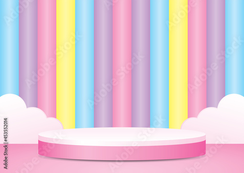 cute circle pink podium display with colorful pastel wall 3d illustration vector for putting your object