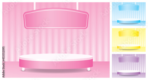 cute girly display stand with hanging sign on sweet pastel scene collection 3d illustration vector for putting your object