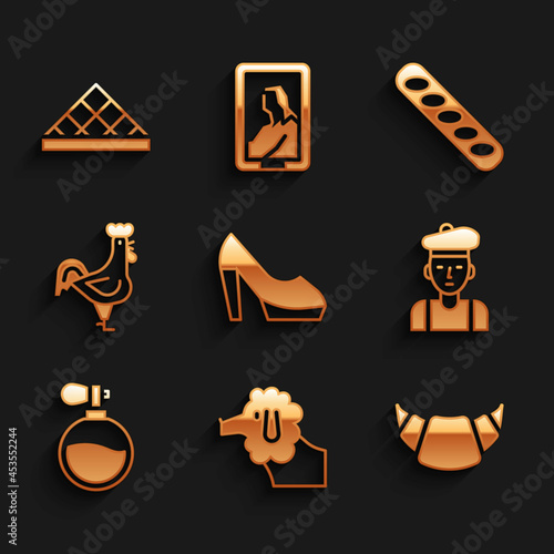 Set Woman shoe, Poodle dog, Croissant, French, Perfume, rooster, baguette bread and Louvre museum icon. Vector
