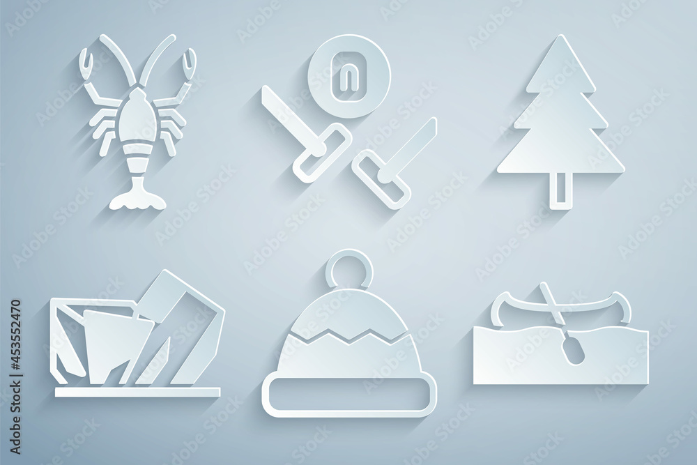 Set Beanie hat, Christmas tree, Royal Ontario museum, Kayak or canoe, Curling sport game and Lobster icon. Vector Set Beanie hat, Christmas tree, Royal Ontario museum, Kayak or canoe, Curling sport game and Lobster icon. Vector
