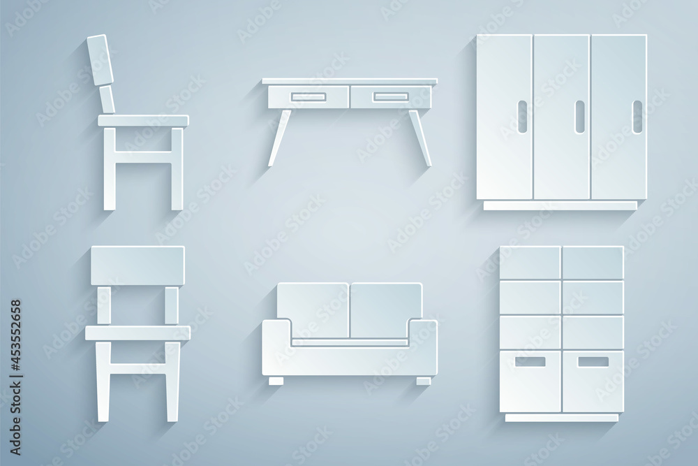 Set Sofa, Wardrobe, Chair, Office desk and icon. Vector Set Sofa, Wardrobe, Chair, Office desk and icon. Vector