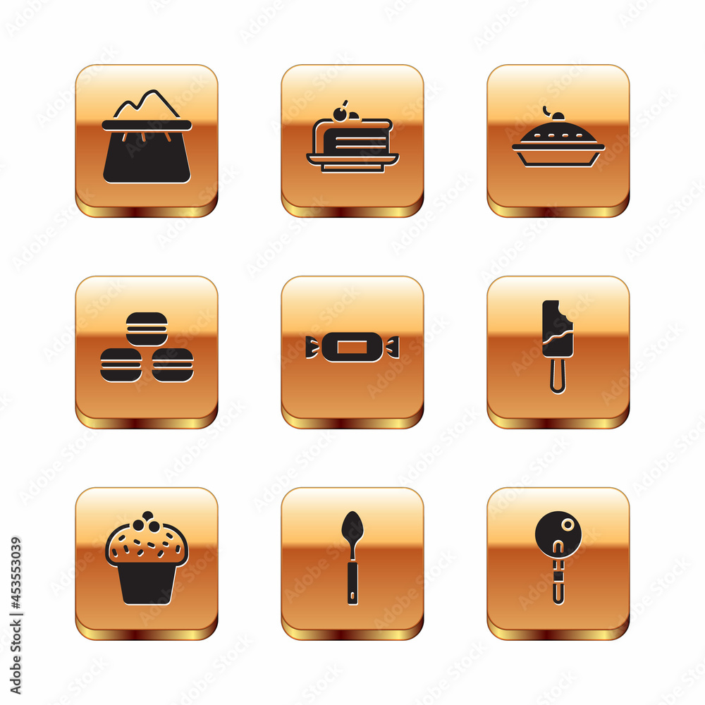 Set Bag of flour, Cake, Spoon, Candy, Macaron cookie, Homemade pie, Lollipop and Piece cake icon. Vector Set Bag of flour, Cake, Spoon, Candy, Macaron cookie, Homemade pie, Lollipop and Piece cake icon. Vector