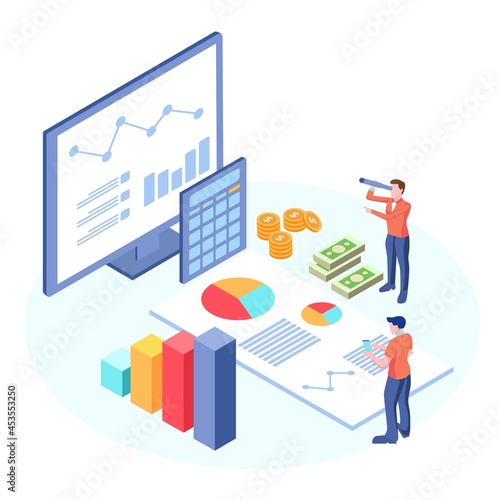Balance financial value, management and administration concept. Characters, people engineering a plan. Statistic, calculating financial risk graph. Flat isometric characters vector illustration
