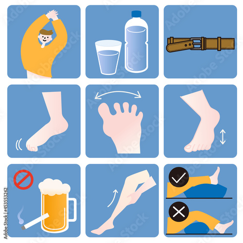 ow to prevent economy class syndrome. Light exercise, drink water, loosen the belt, move your fingertips, refrain from alcohol, quit smoking, massage,
raise your legs.