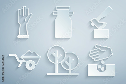 Set Tree, Wooden axe, Wheelbarrow with dirt, Seeds, Can container for milk and Rubber gloves icon. Vector