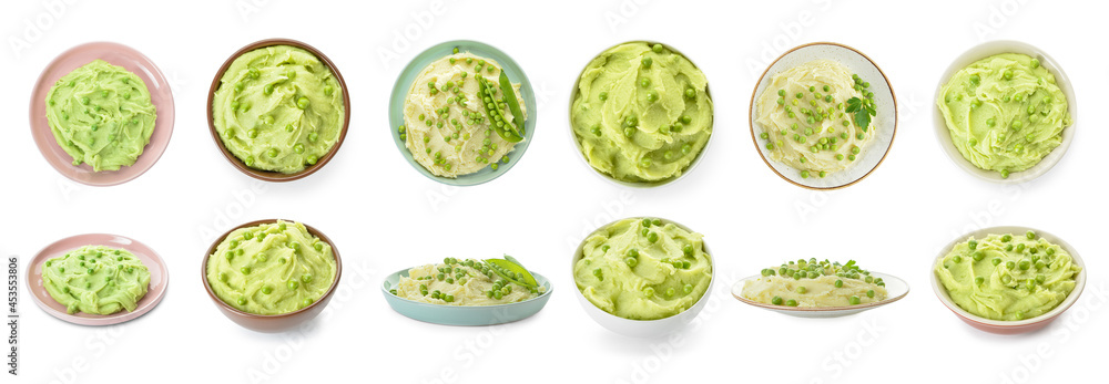 Set of tasty mashed potato with green peas on white background Set of tasty mashed potato with green peas on white background