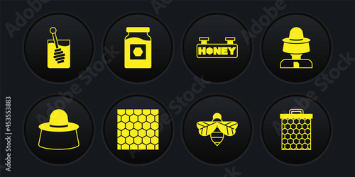 Set Beekeeper with protect hat, Honeycomb, Hanging sign honeycomb, Jar of, and dipper stick icon. Vector