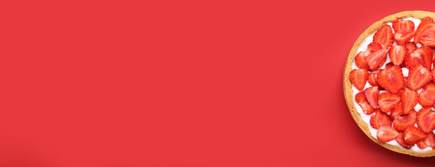 Tasty strawberry pie on color background with space for text