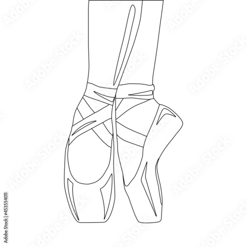 Vector illustration of a women`s legs in ballet pointe shoes. Outline drawing.