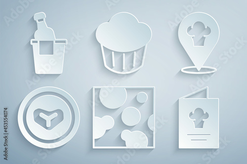 Set Cheese, Chef hat with location, Steak meat plate, Cookbook, Cupcake and Champagne in an ice bucket icon. Vector