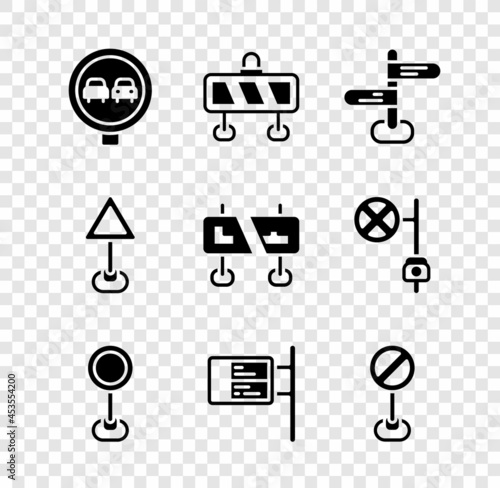 Set No overtaking road traffic, Road barrier, sign, ublic transport board, Stop, Triangle warning blank and icon. Vector