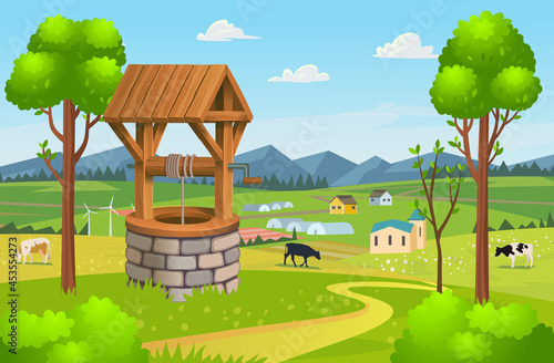 Old village stone well with wooden roof.Background village with fields of greenhouses and grapes in the foreground. landscape with hills, meadows, blue sky with white clouds.Vector.
