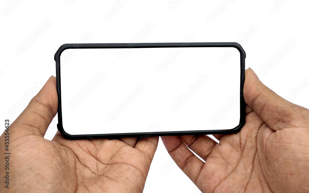 Man holding smartphone with blank screen on white background, closeup of hand. Space for text Man holding smartphone with blank screen on white background, closeup of hand. Space for text
