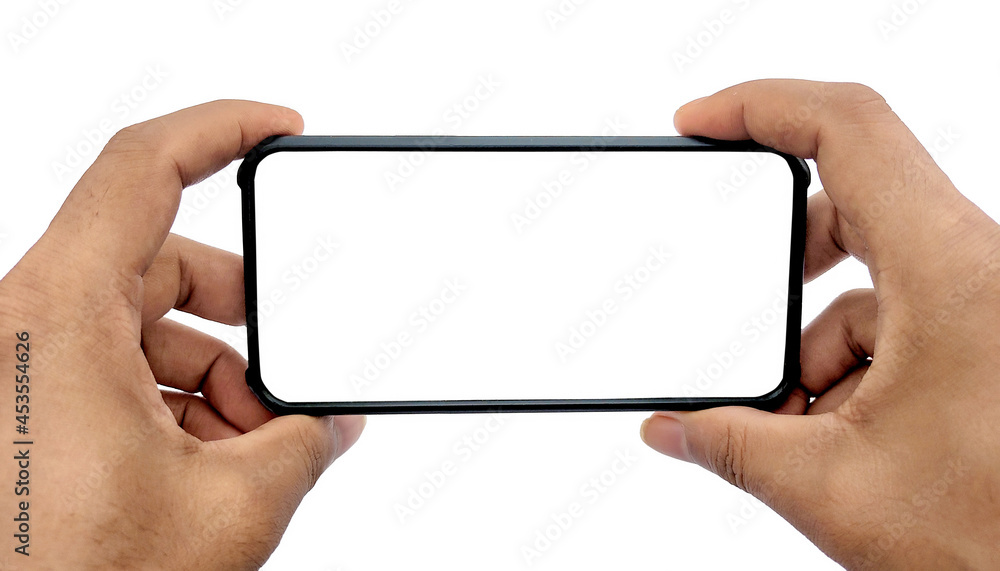 Man holding smartphone with blank screen on white background, closeup of hand. Space for text Man holding smartphone with blank screen on white background, closeup of hand. Space for text