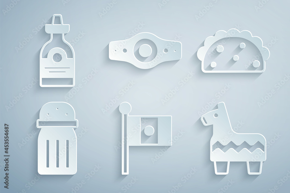 Set Mexico flag, Taco with tortilla, Salt, Pinata, Wrestling championship belt and Tequila bottle icon. Vector Set Mexico flag, Taco with tortilla, Salt, Pinata, Wrestling championship belt and Tequila bottle icon. Vector