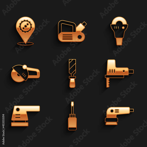 Set Rasp metal file, Screwdriver, Electric sander, jigsaw, Angle grinder, and Circular blade icon. Vector
