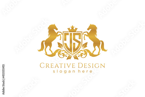 initial JS Retro golden crest with shield and two horses, badge template with scrolls and royal crown - perfect for luxurious branding projects