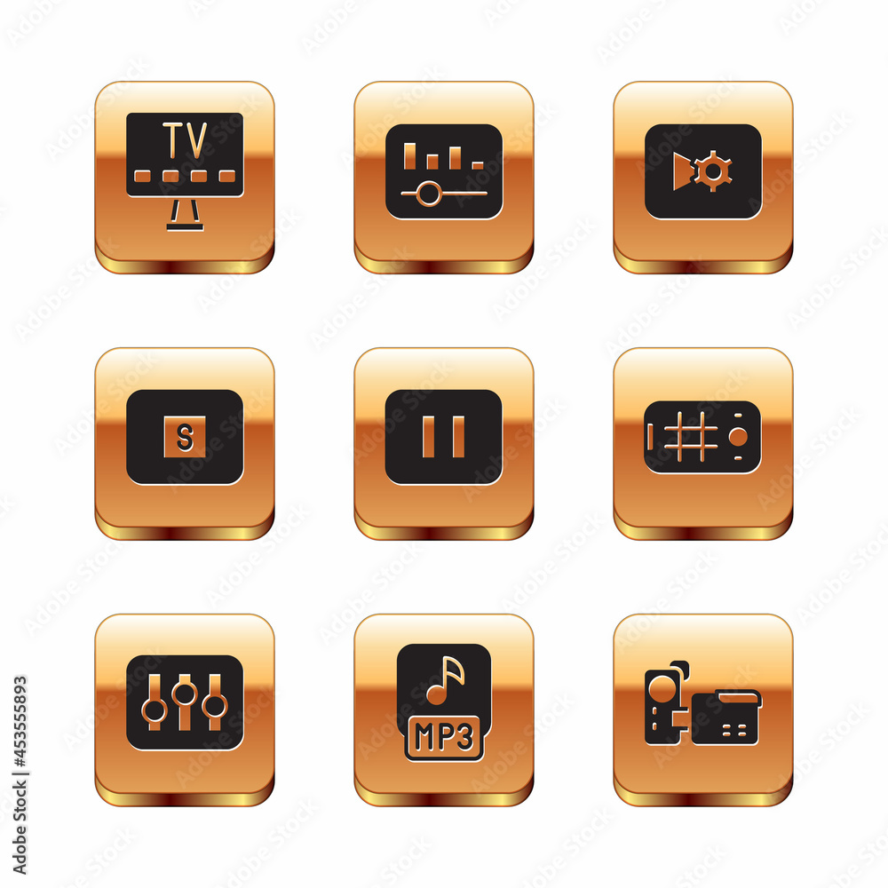 Set Smart Tv, Sound mixer controller, MP3 file, Pause button, Stop media, Music or video settings, Cinema camera and equalizer icon. Vector Set Smart Tv, Sound mixer controller, MP3 file, Pause button, Stop media, Music or video settings, Cinema camera and equalizer icon. Vector