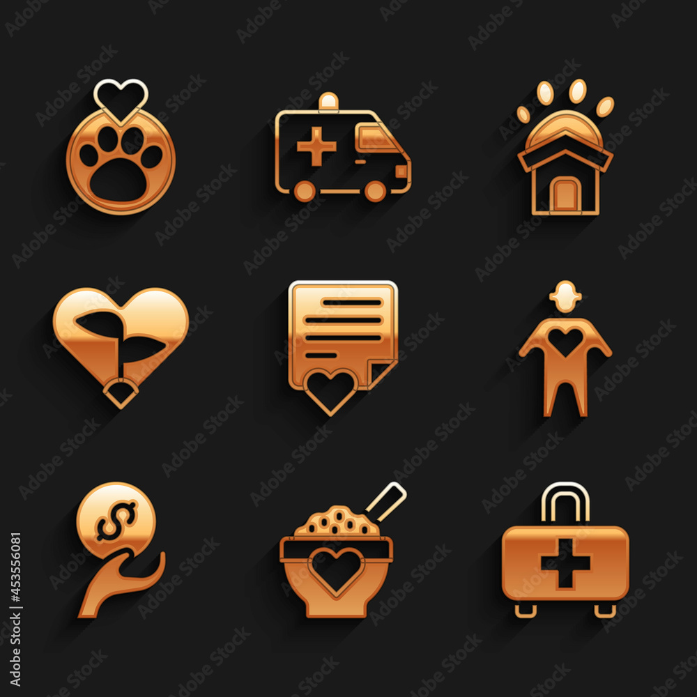 Set Envelope with heart, Donation food, First aid kit, Volunteer, and charity, Leaf in, Animal shelter house and Heart animals footprint icon. Vector Set Envelope with heart, Donation food, First aid kit, Volunteer, and charity, Leaf in, Animal shelter house and Heart animals footprint icon. Vector