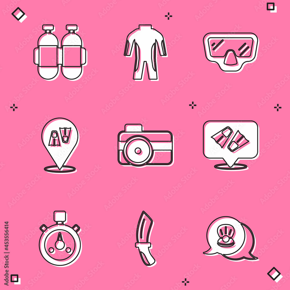 Set Aqualung, Wetsuit for scuba diving, Diving mask, Flippers swimming, Photo camera diver, Stopwatch and knife icon. Vector Set Aqualung, Wetsuit for scuba diving, Diving mask, Flippers swimming, Photo camera diver, Stopwatch and knife icon. Vector