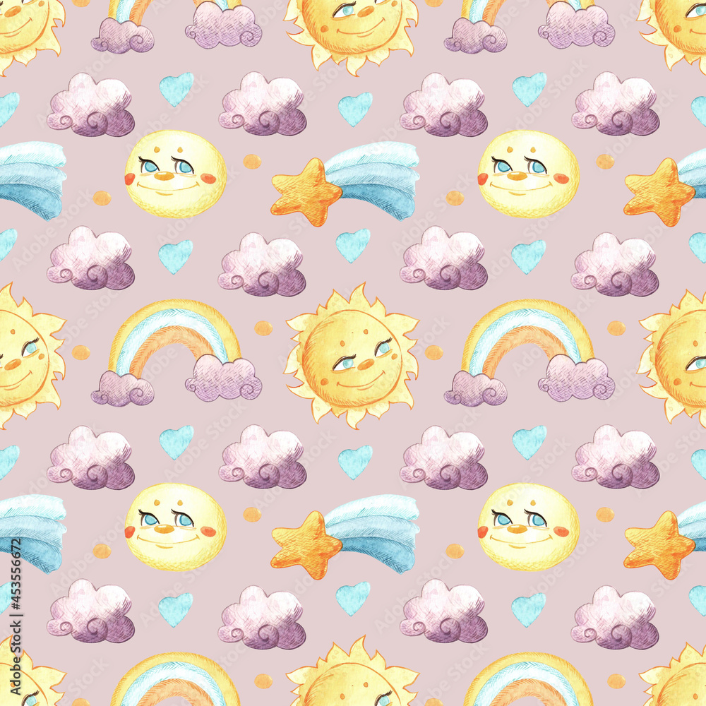 Seamless pattern with cutes sun, moon, meteors and clouds. Texture for wrapping paper, fabric, cards, wallpaper and packaging. Watercolor illustrations. Seamless pattern with cutes sun, moon, meteors and clouds. Texture for wrapping paper, fabric, cards, wallpaper and packaging. Watercolor illustrations.