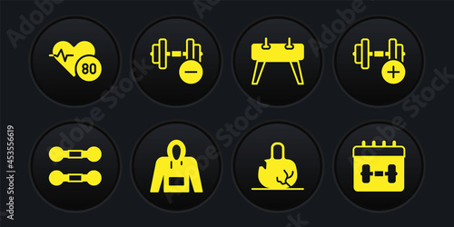 Set Dumbbell, Hoodie, Broken weight, Pommel horse, Calendar fitness and Heart rate icon. Vector