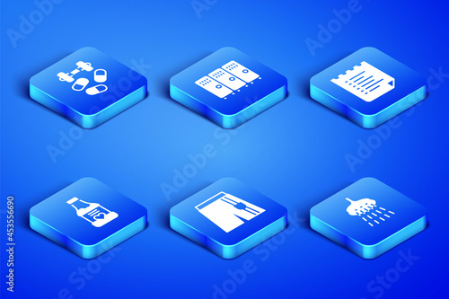 Set Shower, Sports doping with dumbbell, Short pants, Vitamins, Locker changing room and training program icon. Vector