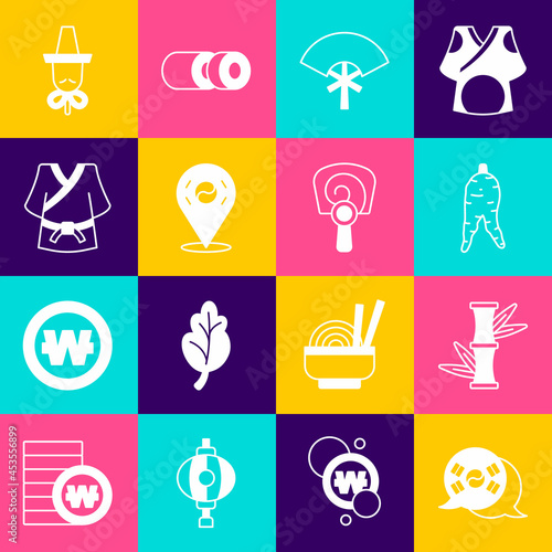 Set South Korea flag, Bamboo, Ginseng root, Traditional fan, Location, Kimono, Korean hat and hand icon. Vector