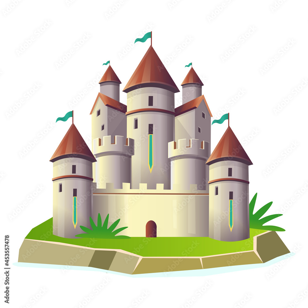 Fantasy castle with towers on the island.