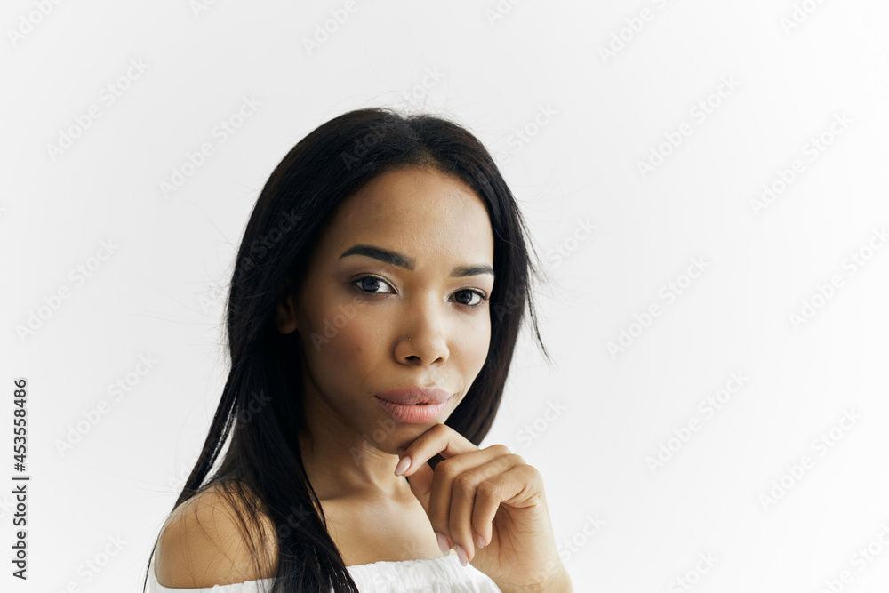 woman african appearance white dress cosmetics fashion posing woman african appearance white dress cosmetics fashion posing
