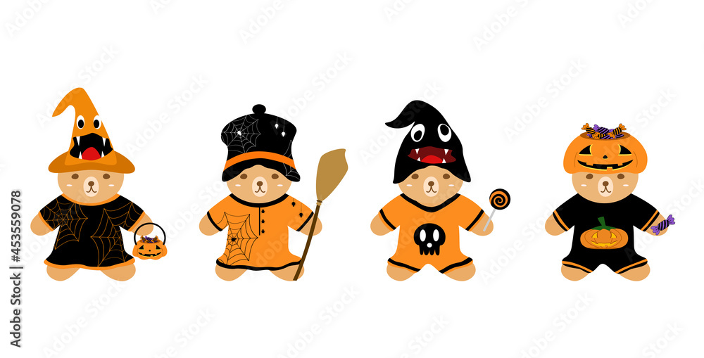 Vector - Set cute Teddy Bear wearing Halloween costume concept. Skull, basket pumpkin, broom. Clip art. Holiday season.
