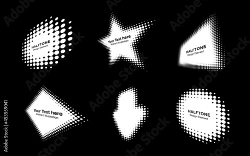 White halftone circle dots perspective logo emblem design element for technology, medical, treatment, cosmetic. Set half tone frame banners. Vector illustration.