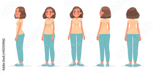 Set of woman character in casual clothes. Happy girl view from different sides, front, side, back