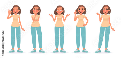 Cute woman character set. Happy girl greets, thinks, don't know gesture, shrugs, idea, problem solution