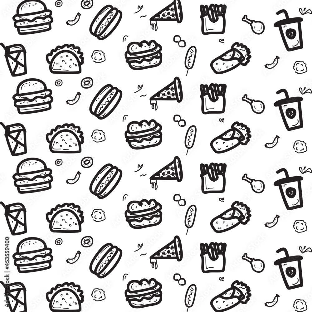 fast food background in doodle style. burger, hotdog, sausage, sandwich in black doodle style on white background