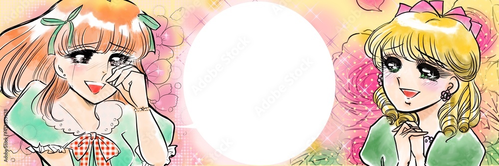 70年代少女漫画瞳を輝かせてときめく金髪縦ロールお嬢様と別れを悲しみ涙する女友達 Stock Illustration Adobe Stock